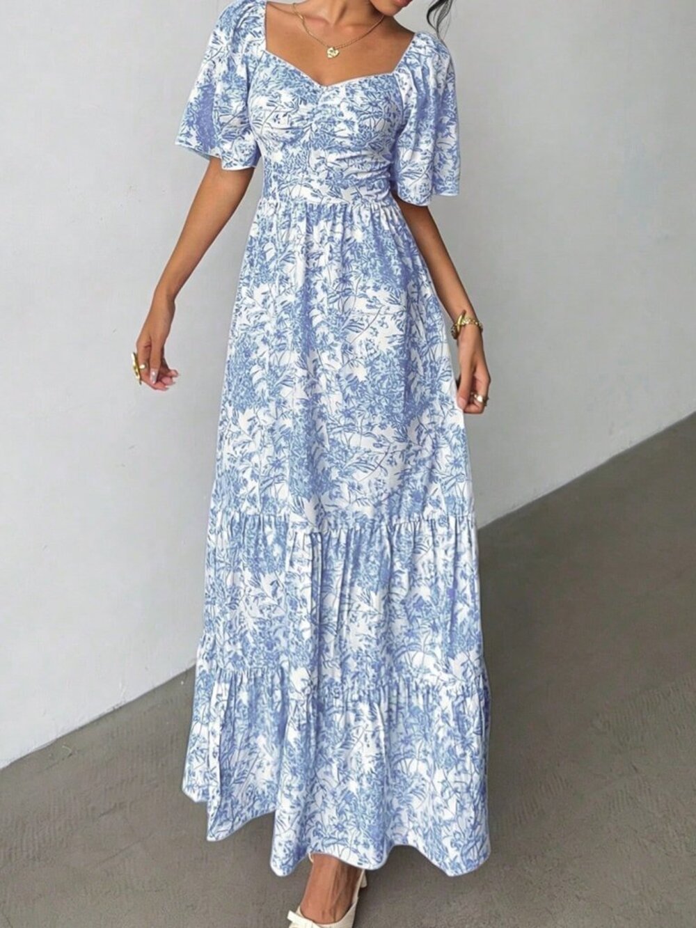 Baby Blue Boho Women's Short Sleeve Vacation Beach Music Festival Floral Dress - Picture 1 of 7